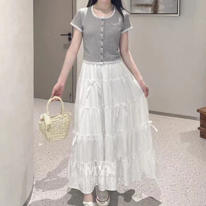 Chân váy midi ullzzang dài dáng xòe 5 tầng đính nơ dáng tiểu thư có quần bảo hộ dáng phồng nhẹ kiểu xếp ly [MY19]