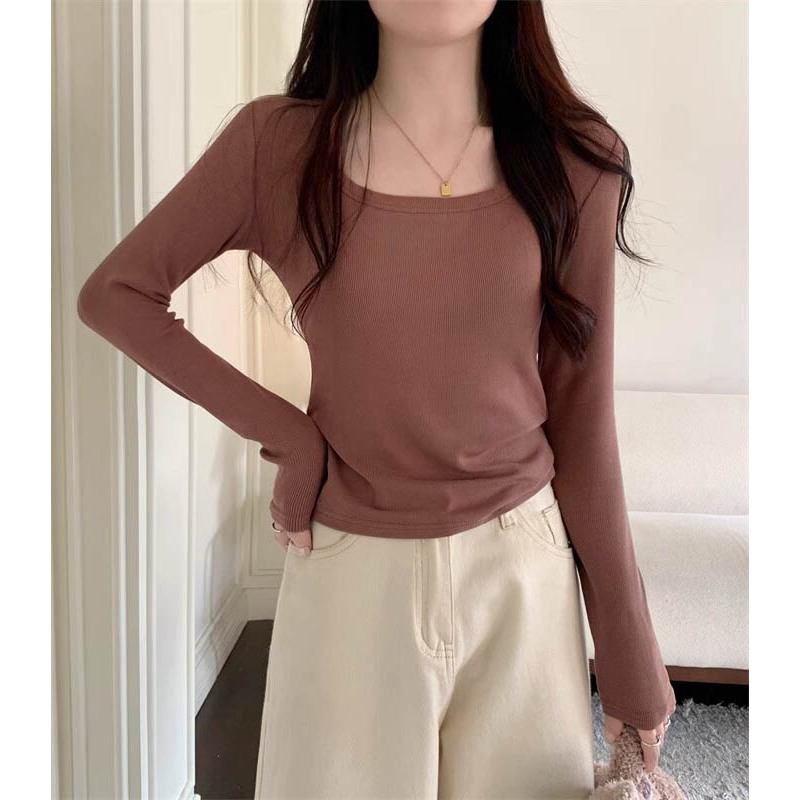 Áo Thun Ôm body Dài Tay Cổ Vuông Basic Thắt Eo Siêu Tôn Dáng Chị Em Mê