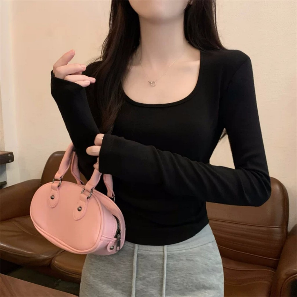 Áo Thun Ôm body Dài Tay Cổ Vuông Basic Thắt Eo Siêu Tôn Dáng Chị Em Mê