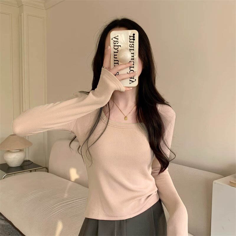 Áo Thun Ôm body Dài Tay Cổ Vuông Basic Thắt Eo Siêu Tôn Dáng Chị Em Mê