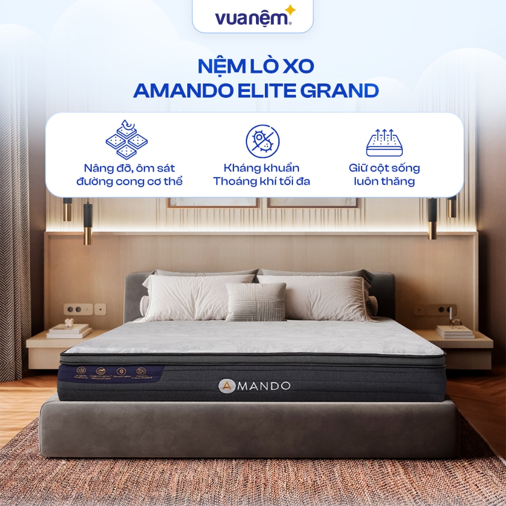 [ĐƠN 10TR TẶNG 1 BỘ CHĂN BÉ] Nệm lò xo điều hòa thân nhiệt Amando Elite Grand A - Đệm lò xo cao cấp