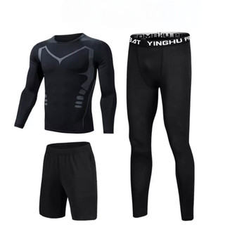 Bộ Quần Áo Dài Tay Legging Nam - Quần Áo Giữ Nhiệt 3 in 1 Đen Có Hình