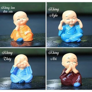 Bộ Tượng Chú Tiểu Hòa Thượng Tứ Không - Phật Phong Thủy Mini 4 Tư Thế, Trang Trí Xe Hơi, Để Bàn