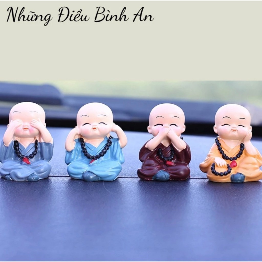 Bộ Tượng Chú Tiểu Hòa Thượng Tứ Không - Tượng Phật Phong Thủy Mini 4 Tư Thế, Trang Trí Xe Hơi, Để Bàn