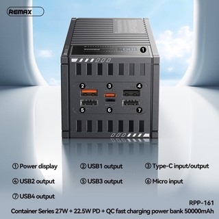 [Có 3C] Pin Dự Phòng REMAX RPP-161 50000mAh max 27W, TypeC in/out, USB 22.5W, 5 cổng sạc, Thiết kế kiểu Container