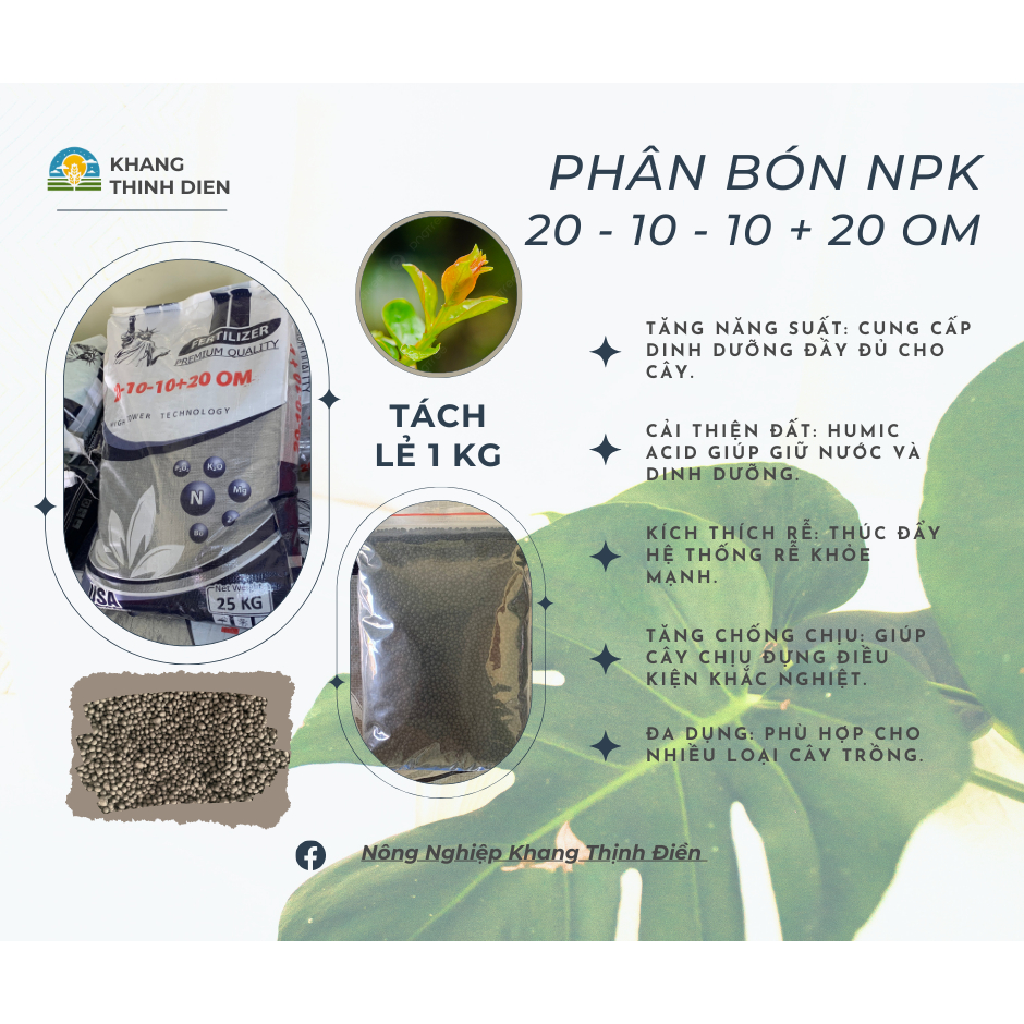 [ 1KG ] Phân Bón NPK 20-10-10 + 20 OM - Cây phát triển mạnh mẽ, ra rể ...