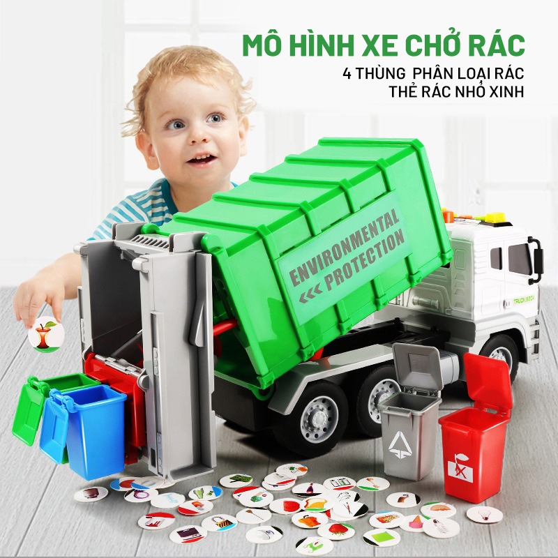 MÔ HÌNH XE CHỞ RÁC KÈM THÙNG RÁC CÙNG THẺ RÁC PHÂN LOẠI, CÓ CHẾ ĐỘ XỬ ...