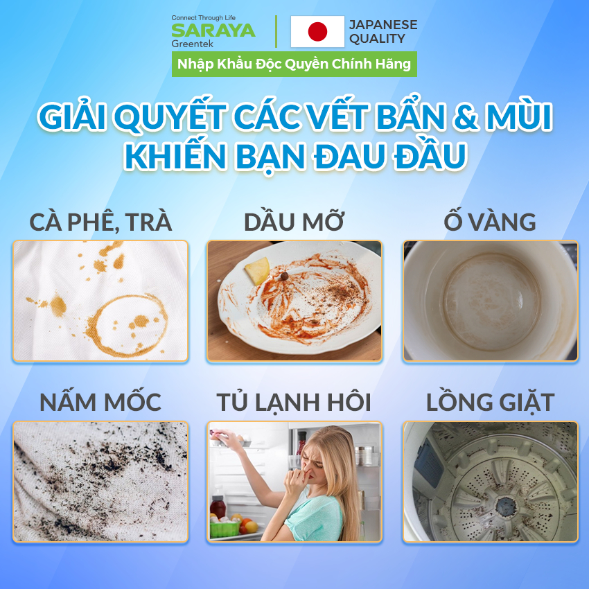 Ảnh Bột tẩy trắng,sát khuẩn và khử mùi SARAYA OXYGEN BLEACH dùng men sứ, bát đĩa ly, quần áo, lồng máy giặt, bình sữa trẻ em 2