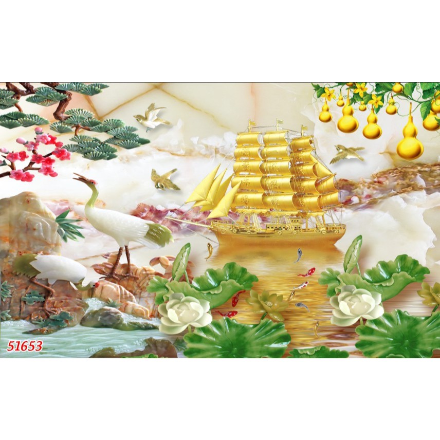 Tranh Thuyền, Tranh Thuậm Buồm Xuôi Gió, Tranh trang trí dán tường 3d VẢI LỤA..