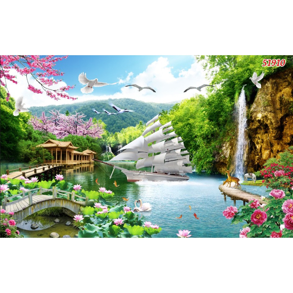 Tranh Thuyền, Tranh Thuậm Buồm Xuôi Gió, Tranh trang trí dán tường 3d VẢI LỤA..