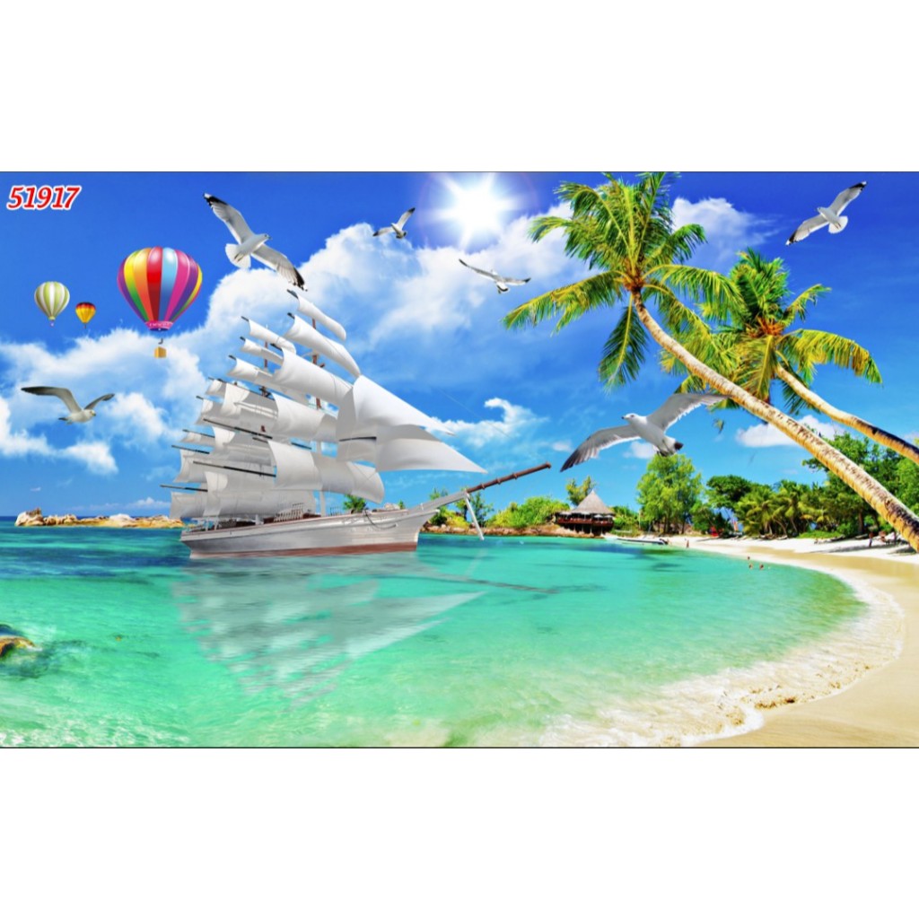 Tranh Thuyền, Tranh Thuậm Buồm Xuôi Gió, Tranh trang trí dán tường 3d VẢI LỤA..
