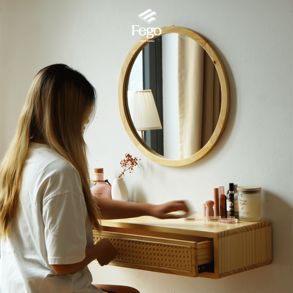 Ảnh Gương tròn treo tường viền gỗ tự nhiên FEGO dành cho bàn trang điểm, decor phòng tắm và phòng ngủ 4