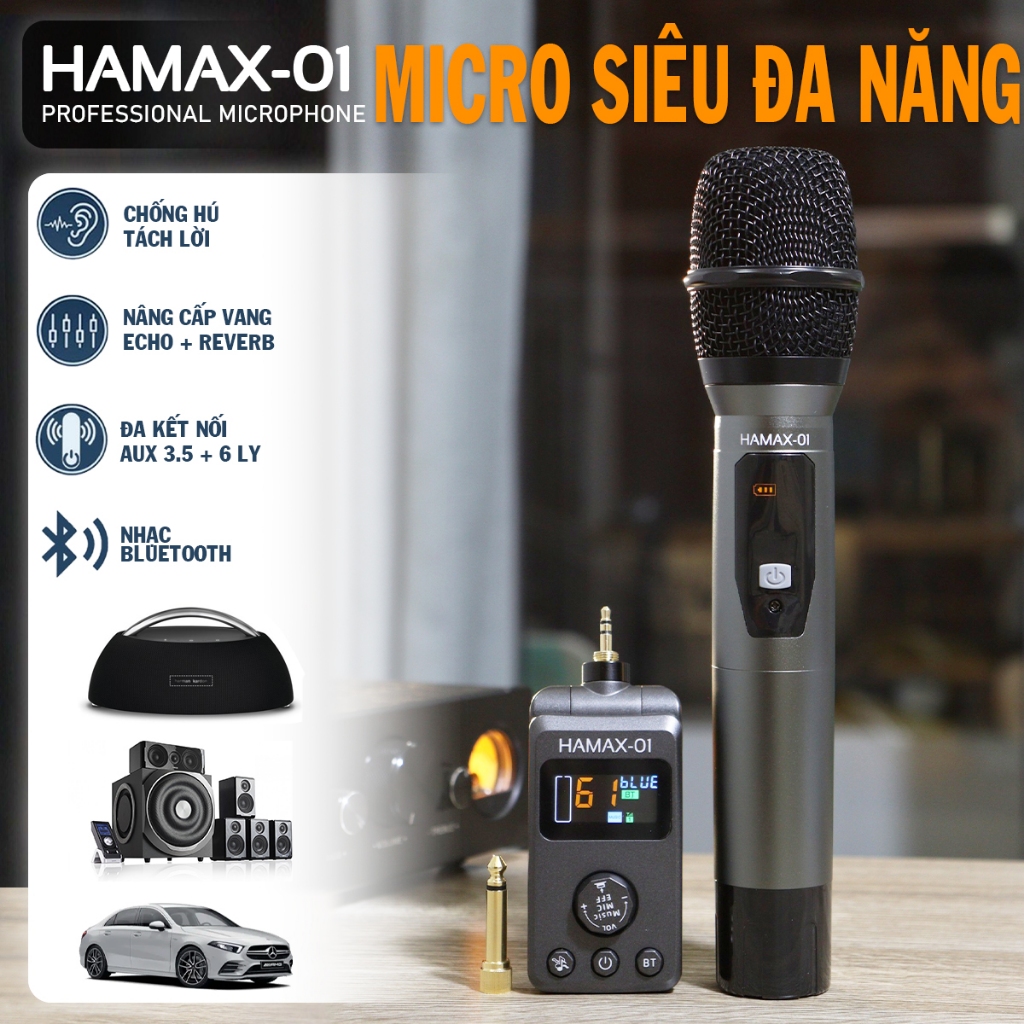 Micro Hamax 01 Đa Năng Không Dây – Micro Cao Cấp Kết Nối Mọi Loa Hãng Xe Hơi Tích Hợp Bluetooth có vang reverb