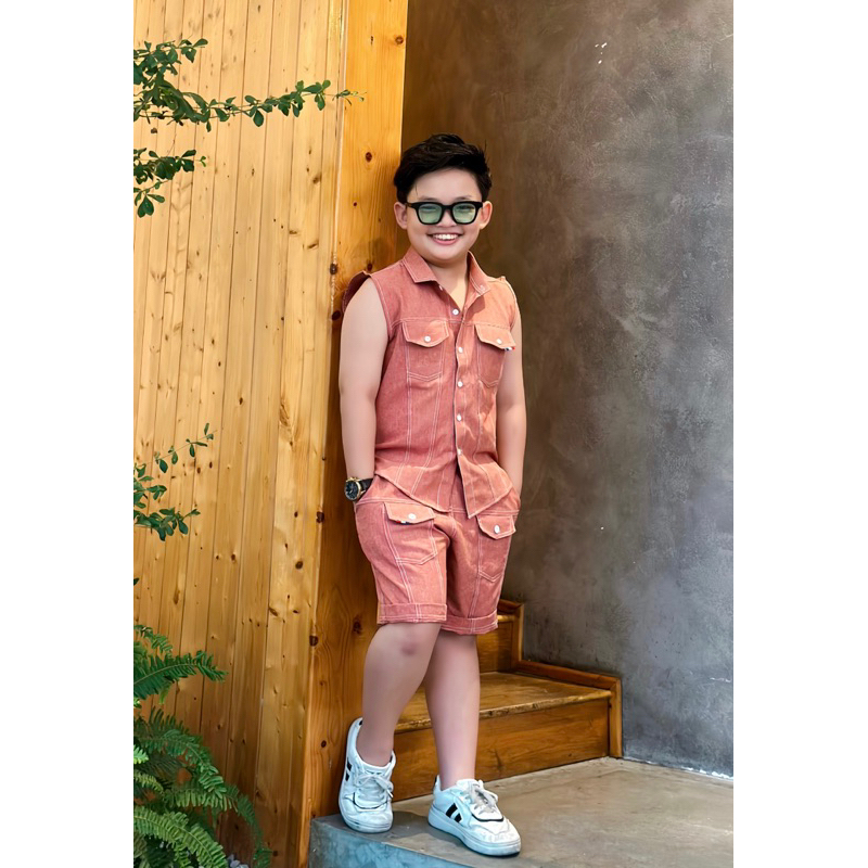 set công tử silk hồng sát nách cho bé trai TONI BRAND