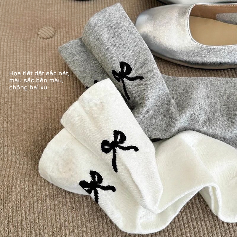Tất vớ nữ cổ cao nơ đen phong cách Hàn Quốc, chất liệu cotton co giãn thoáng khí - Ekiu Shop