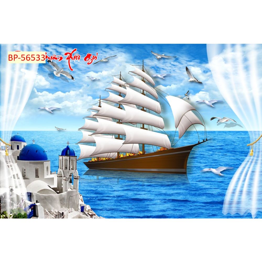 Tranh Dán Tường 3D Thuận Buồm Xuôi Gió In Trên Chất Liệu Vải Lụa....