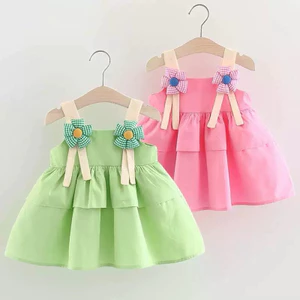 Váy hai dây cotton bé gái màu trơn phối hoa to 1-2-3 tuổi BÍ NGÔ NHỎ D883