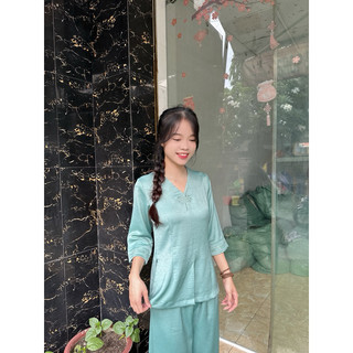 set lụa pháp phục nữ đi chùa cổ tim thêu tay thổ cẩm