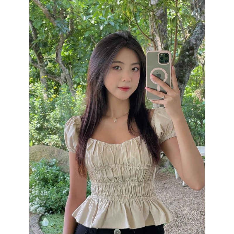 Áo linen tay bồng bo nhún ALICIA TOP