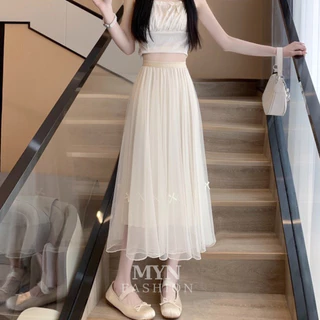 Chân váy lụa voan tơ hàng cao cấp váy đính nơ siêu dễ thương Chân váy xòe dáng dài tiểu thư xòe nhẹ siêu đẹp