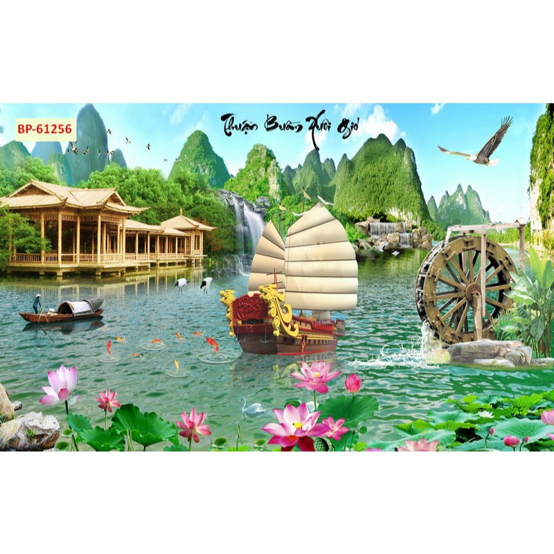 Tranh Thuận Buồm Xuôi Gió vải lụa kim sa trang trí phòng, nhà cửa....