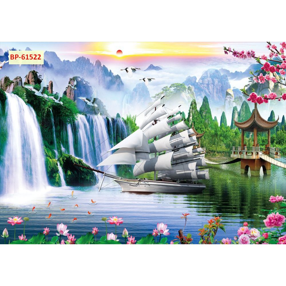 Tranh Thuận Buồm Xuôi Gió vải lụa kim sa trang trí phòng, nhà cửa....