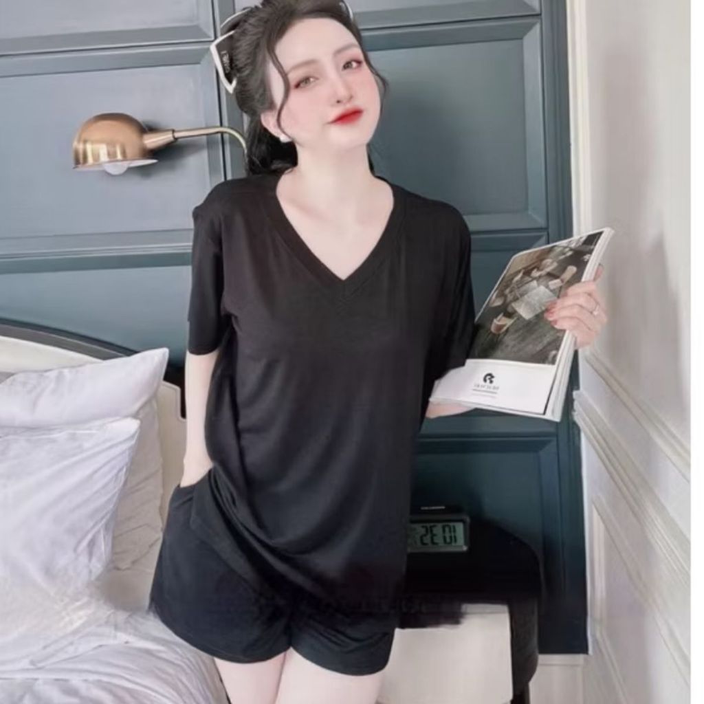 Đồ Bộ Mặc Nhà Bigsize Nữ Áo Cổ Tim ESHOP BD69 – Bộ Đồ Ngủ Set Đùi Thun Lạnh Dáng Rộng Dễ Thương