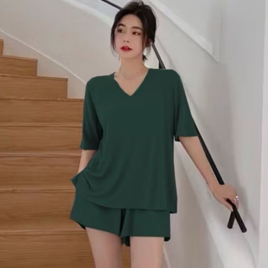 Đồ Bộ Mặc Nhà Bigsize Nữ Áo Cổ Tim ESHOP BD69 – Bộ Đồ Ngủ Set Đùi Thun Lạnh Dáng Rộng Dễ Thương