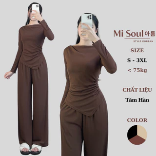 Set Bộ Nhún Eo Cổ Thuyền Dài Tay Kèm Quần Suông Dài BigSize MiSoul, Set Bộ Cổ Thuyền Dài Tay Quần Cạp Chun 315