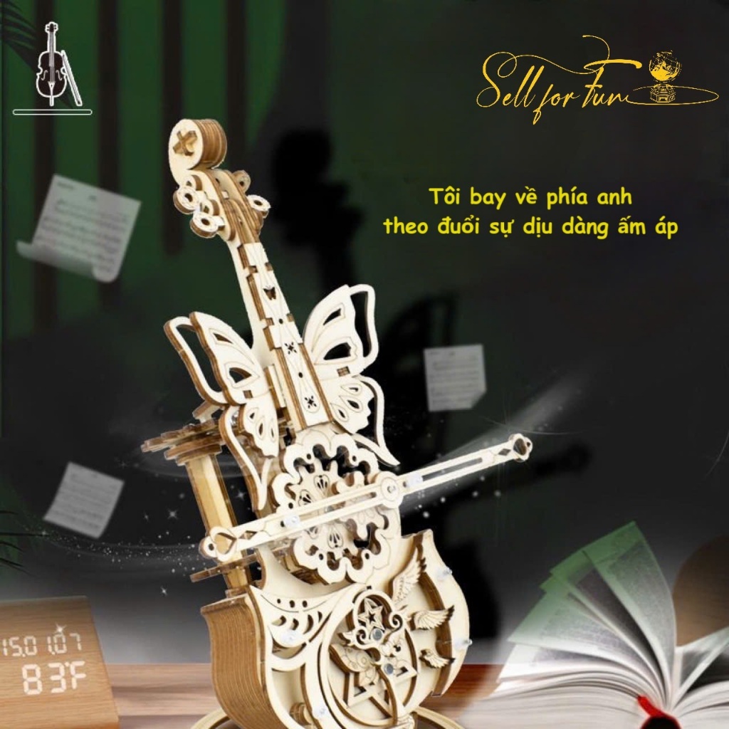 Đồ Chơi Lắp Ráp Mô Hình Gỗ 3D Hộp Nhạc Gỗ Đàn VIOLIN Cánh Bướm