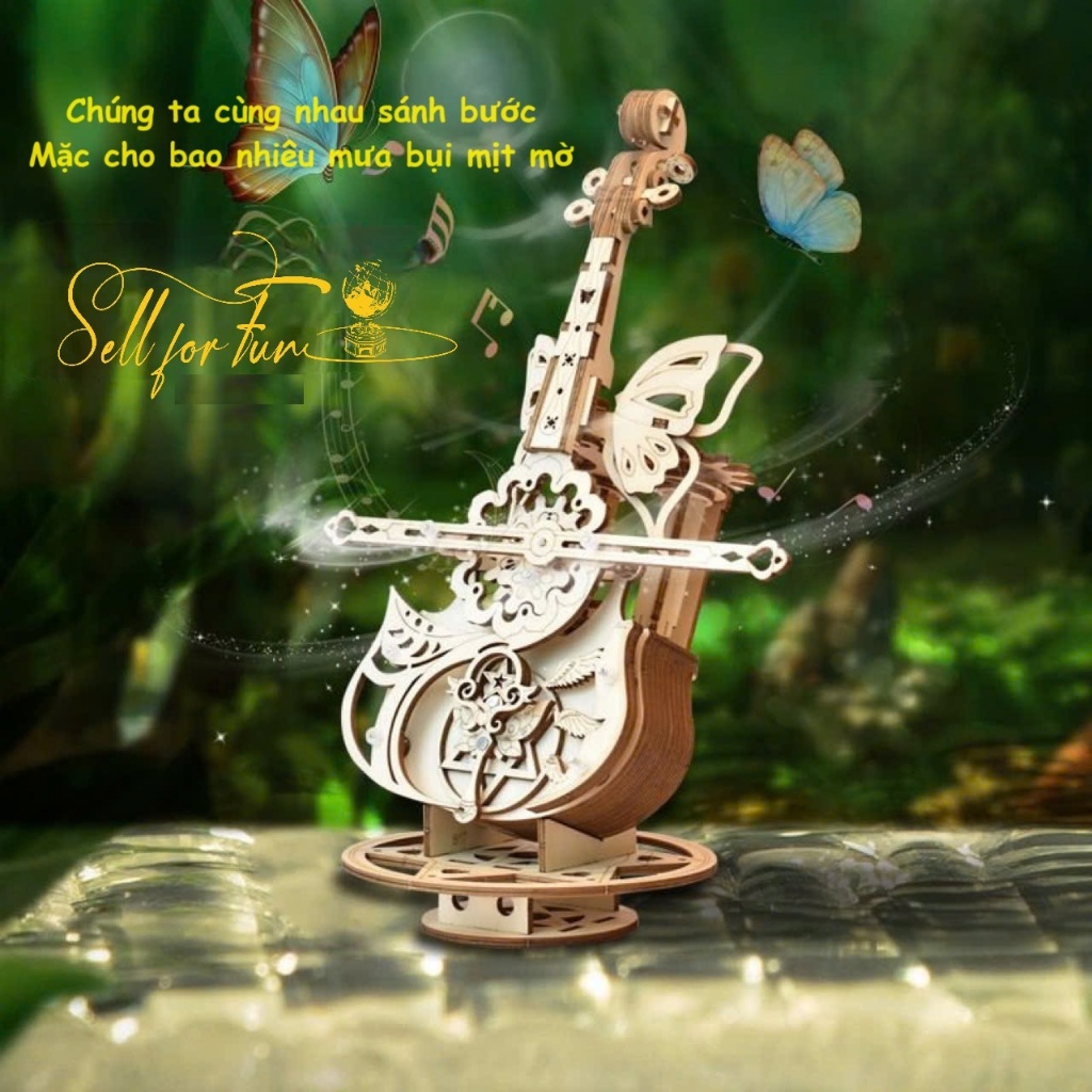 Đồ Chơi Lắp Ráp Mô Hình Gỗ 3D Hộp Nhạc Gỗ Đàn VIOLIN Cánh Bướm