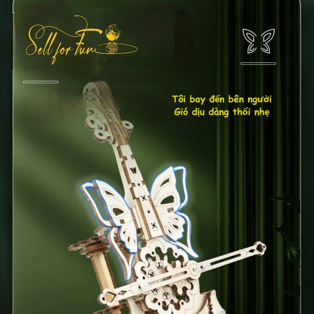 Đồ Chơi Lắp Ráp Mô Hình Gỗ 3D Hộp Nhạc Gỗ Đàn VIOLIN Cánh Bướm