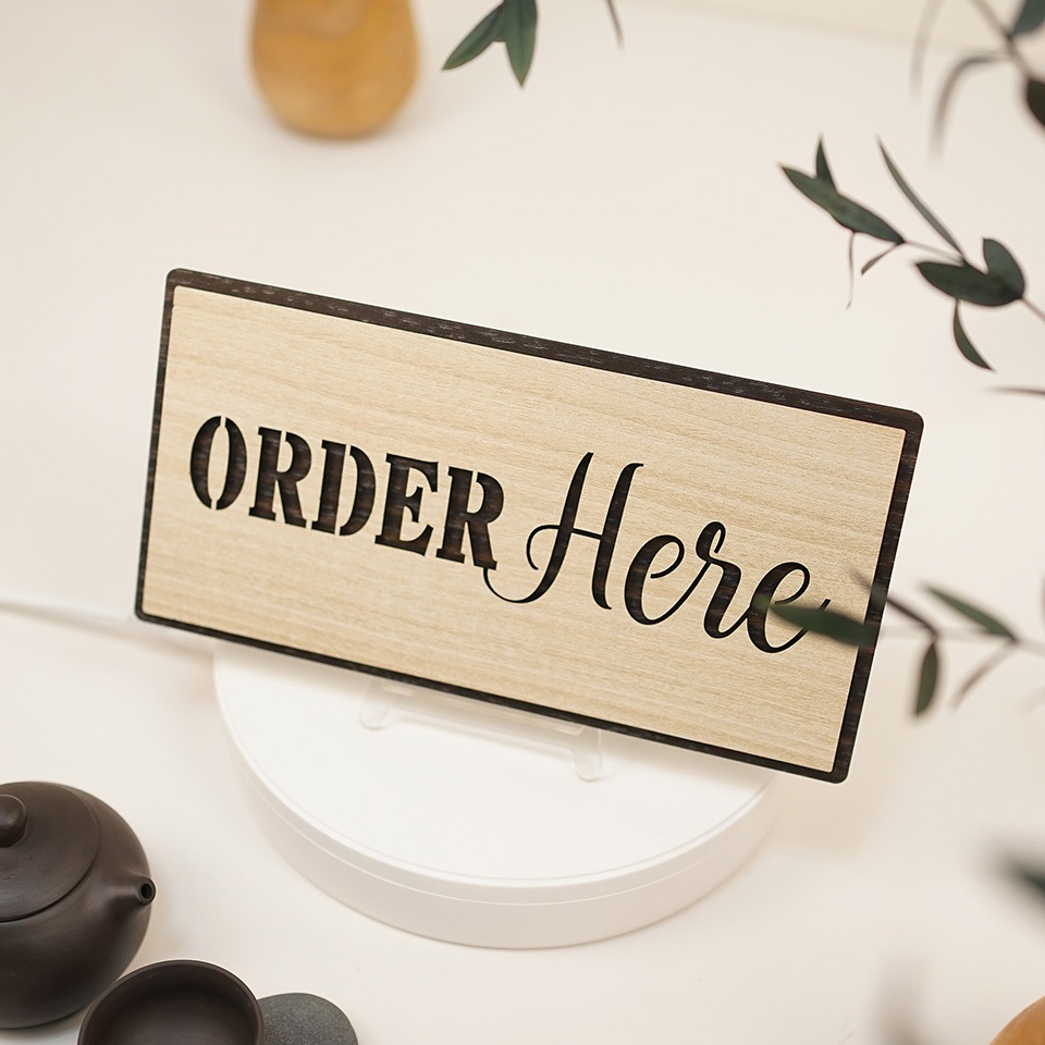 Bảng gỗ decor Order here hướng dẫn gọi món tại quầy LEVU-BG39