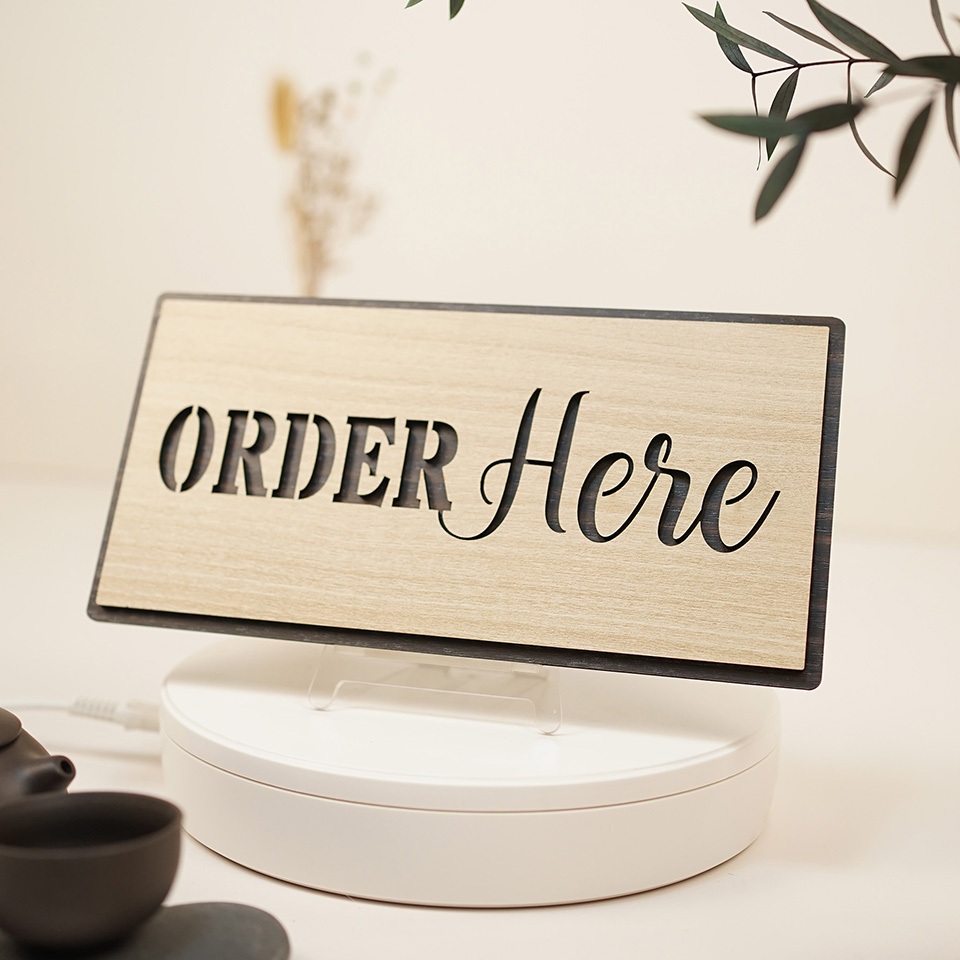 Bảng gỗ decor Order here hướng dẫn gọi món tại quầy LEVU-BG39
