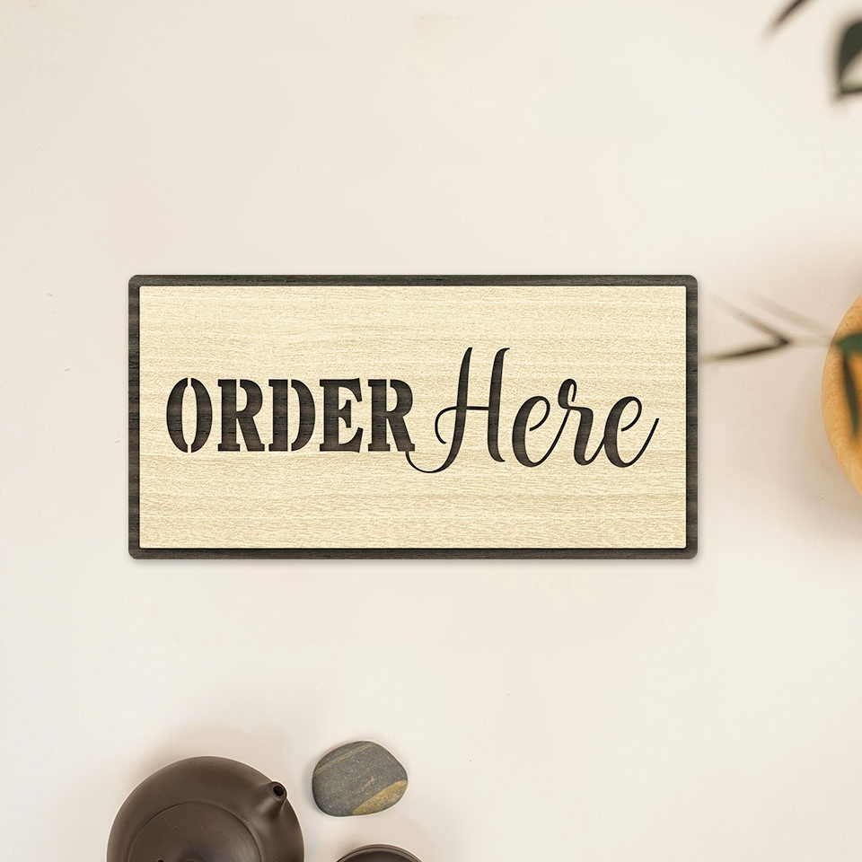 Bảng gỗ decor Order here hướng dẫn gọi món tại quầy LEVU-BG39