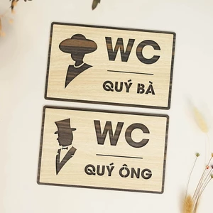 Bảng WC dán cửa phòng vệ sinh quý ông quý bà, biển wc men, biển wc women bằng gỗ khắc laser LEVU-TL42