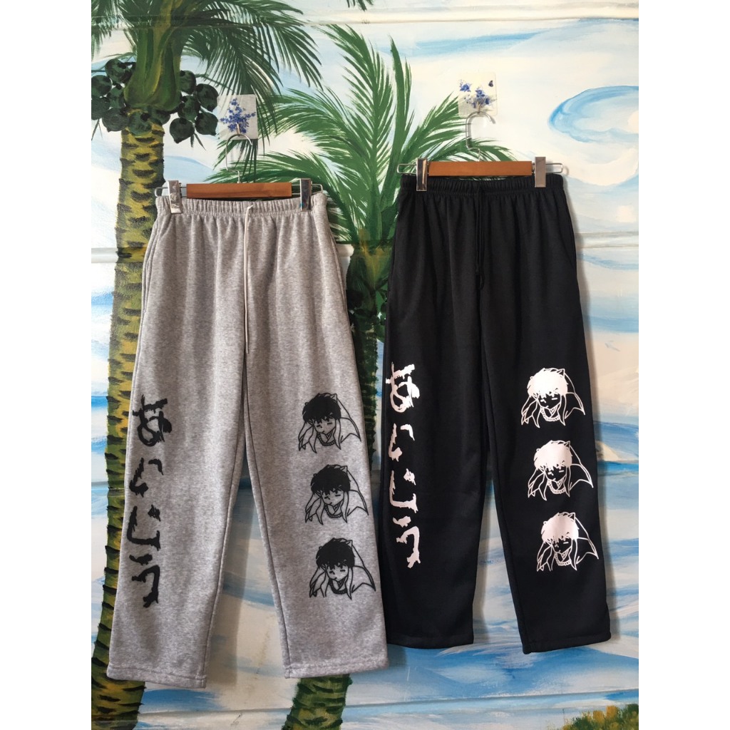 Quần Dài Unisex Nam Nữ Hoạ Tiết Hoạt Hình Dơi Chất Nỉ Thu Đông Dáng Suông Hai Màu Đen Xám - unisex L1