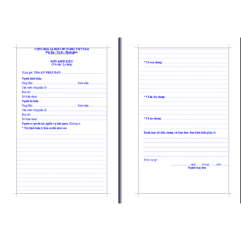 Ly hôn đơn phương mẫu đơn viết tay 02 bản in A4