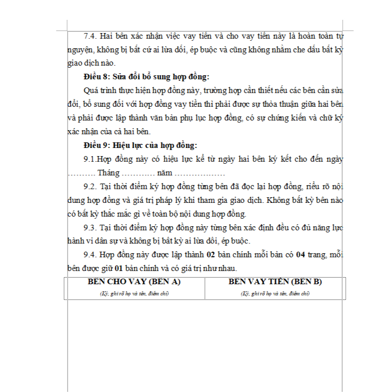Hợp đồng cho vay 04 bản in A4