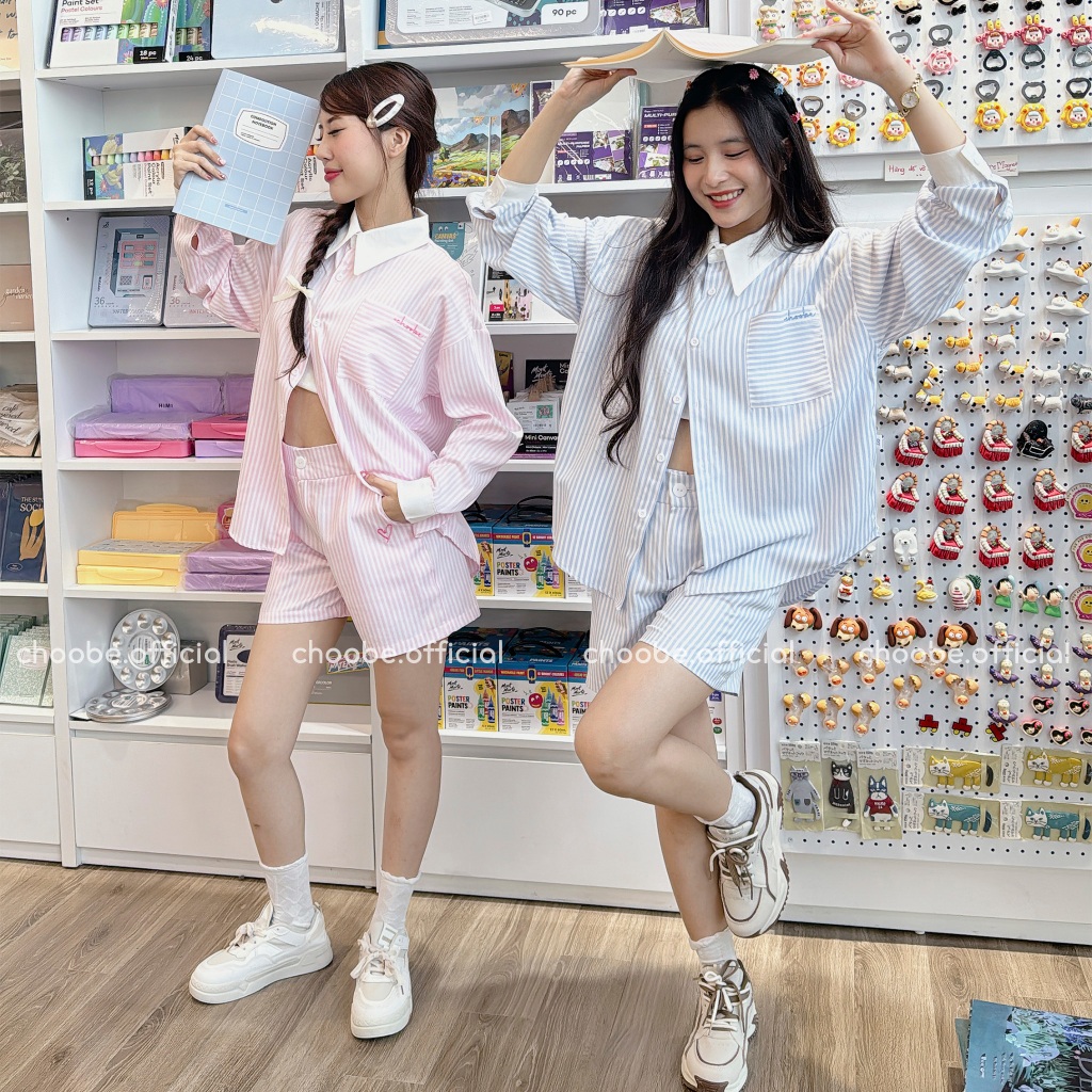 Ảnh Áo sơ mi nữ Choobe oversize kẻ sọc chất liệu kate Hàn cotton hoạ tiết thình thêu trẻ trung ASM08 4