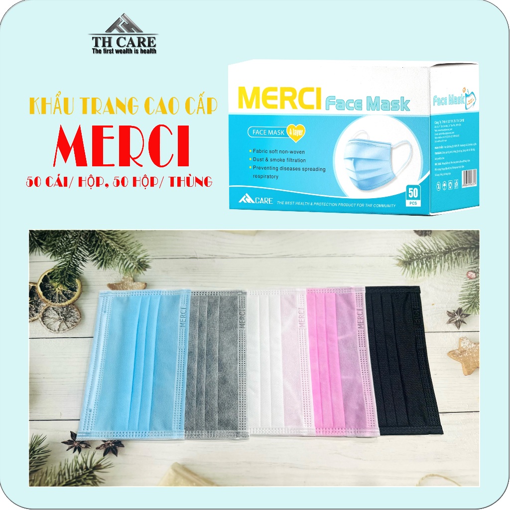 [Giá Sỉ] Combo 4 Hộp Khẩu trang cao cấp MERCI 4 lớp Mềm mịn, thun co giãn tốt, không xù lông.