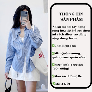 Áo sơ mi dài tay 247store dáng rộng họa tiết kẻ sọc thêu túi cách điệu