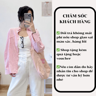 Áo sơ mi dài tay 247store dáng rộng họa tiết kẻ sọc thêu túi cách điệu