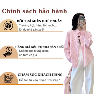 Áo sơ mi dài tay 247store dáng rộng họa tiết kẻ sọc thêu túi cách điệu