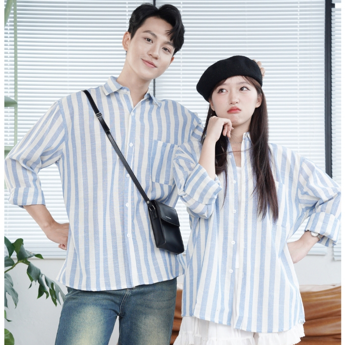 Áo Sơ Mi Kẻ Sọc To Linen Mặt Xước Tay Dài Nam Nữ Hàn Quốc Phối Túi Form Rộng Oversize Halley A14