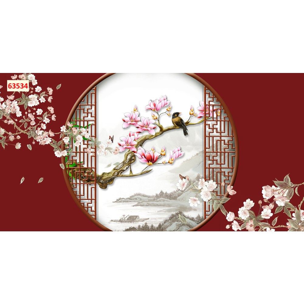 Tranh lụa 3D dán tường hoạ tiết cổng vòm hoa. Trang trí nhà cửa, nhà hàng...