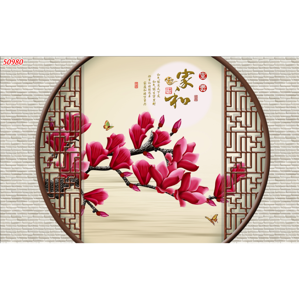 Tranh lụa 3D dán tường hoạ tiết cổng vòm hoa. Trang trí nhà cửa, nhà hàng...