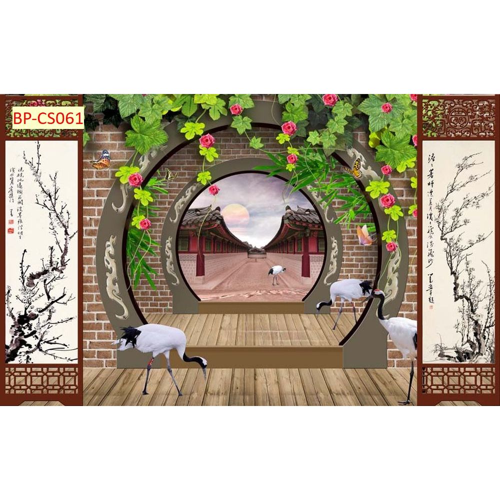 Tranh lụa 3D dán tường hoạ tiết cổng vòm hoa. Trang trí nhà cửa, nhà hàng...