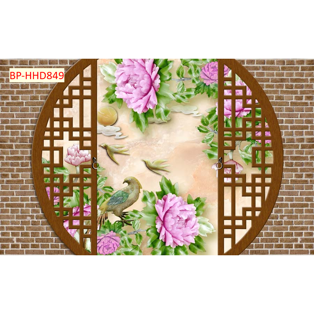 Tranh lụa 3D dán tường hoạ tiết cổng vòm hoa. Trang trí nhà cửa, nhà hàng...
