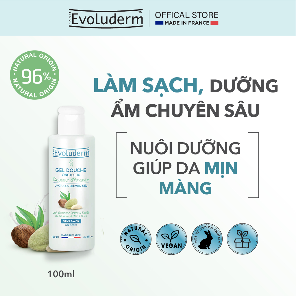 Sữa Tắm Không Sulfate Evoluderm shower nuôi dưỡng da mịn màng 100ml (đa dạng mùi hương)